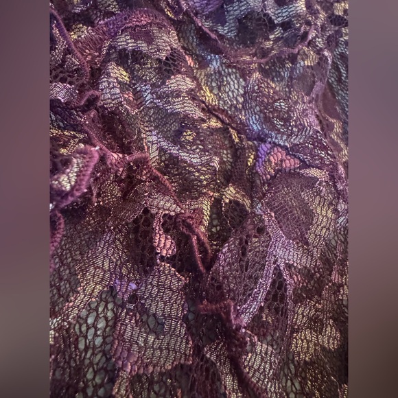 Bebe Y2K Women's Floral Sheer Lace Ruffled Blouse w/ Gold, Wine & Deep Pink Hues - Picture 8 of 16